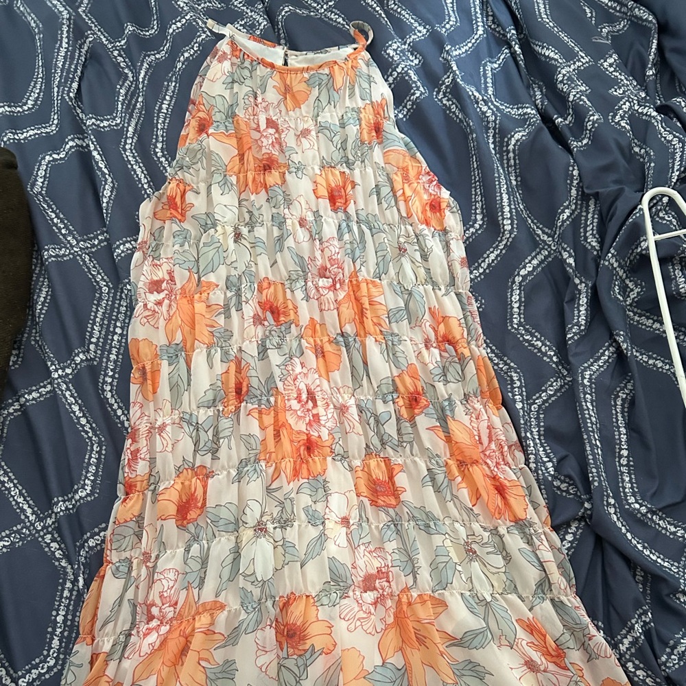 Floral Maxi Dress with Orange and Blue Accents